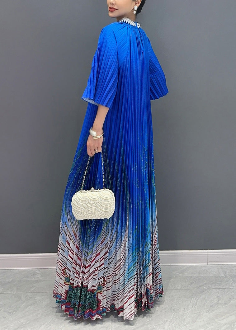 Unique Blue Stand Collar Print Wrinkled Long Dress Summer Ao1002