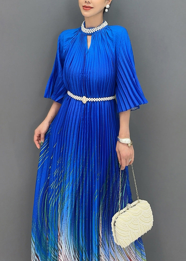 Unique Blue Stand Collar Print Wrinkled Long Dress Summer Ao1002