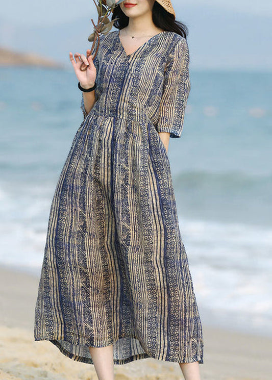 Unique Blue V Neck Print Pockets Cotton Long Dresses Summer Lk014