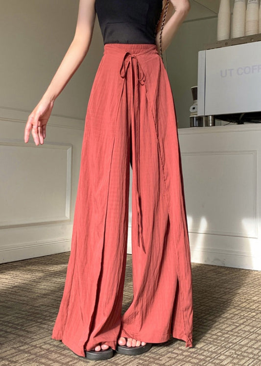 Unique Brick Red Asymmetrical Lace Up Linen Silk Pants Spring Yy001