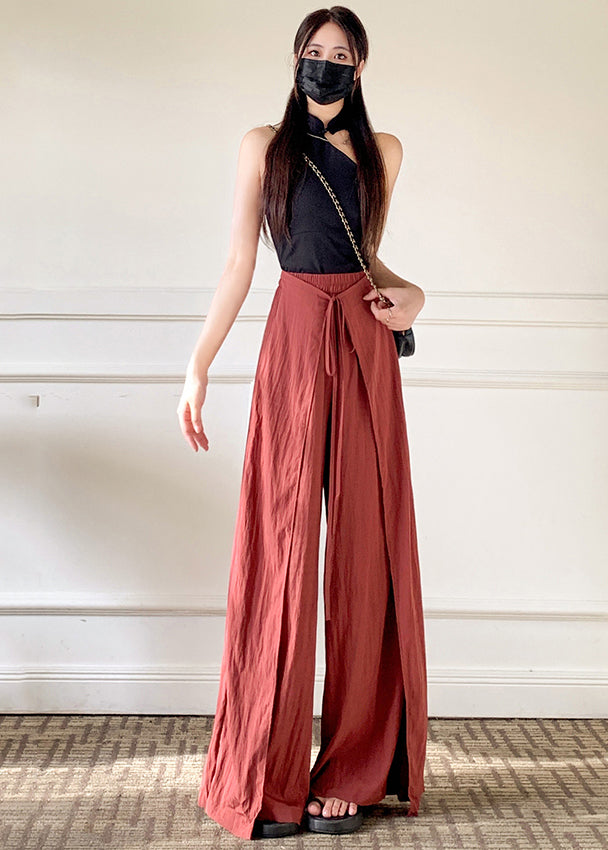 Unique Brick Red Asymmetrical Lace Up Linen Silk Pants Spring Yy001