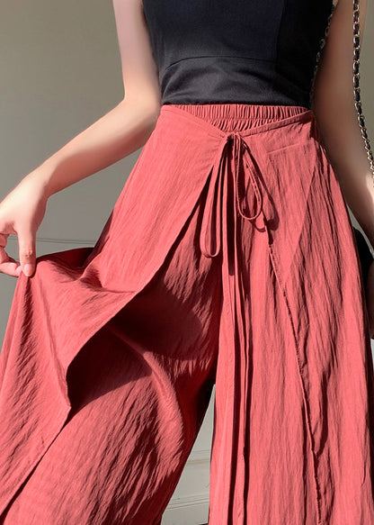 Unique Brick Red Asymmetrical Lace Up Linen Silk Pants Spring Yy001