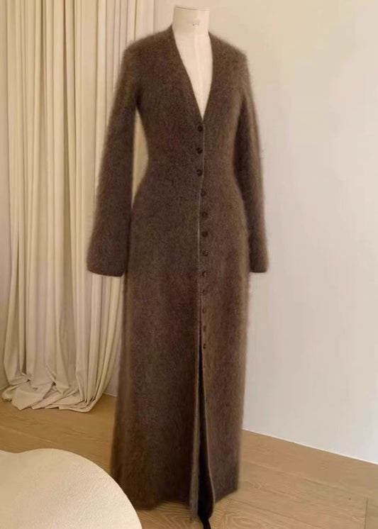 Unique Brown V Neck Button Mink Hair Knitted Cardigan Fall Rl009