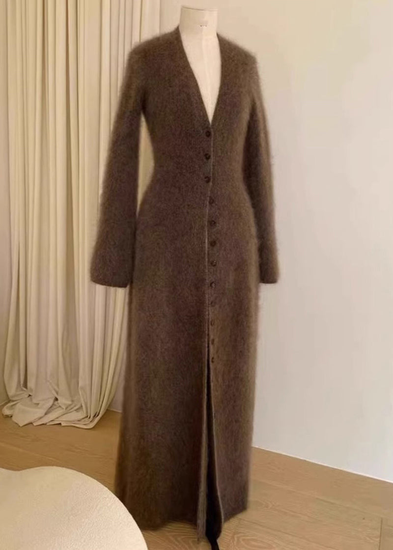 Unique Brown V Neck Button Mink Hair Knitted Cardigan Fall Rl009