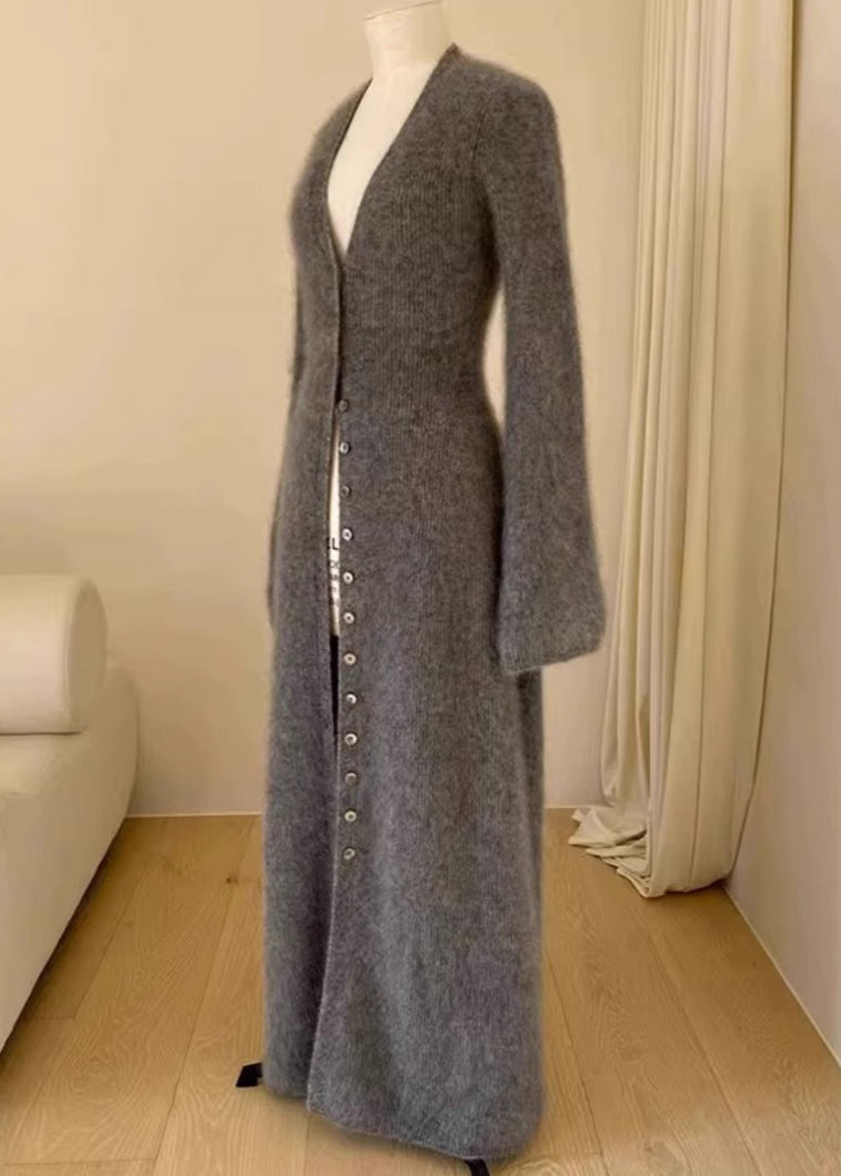 Unique Brown V Neck Button Mink Hair Knitted Cardigan Fall Rl009