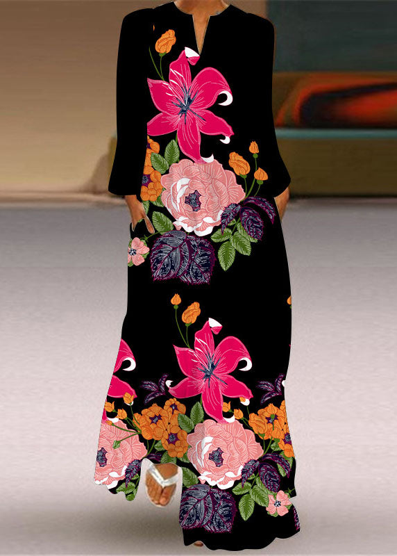 Unique Butterfly Print Pockets Chiffon Maxi Dresses Long Sleeve Ly1923