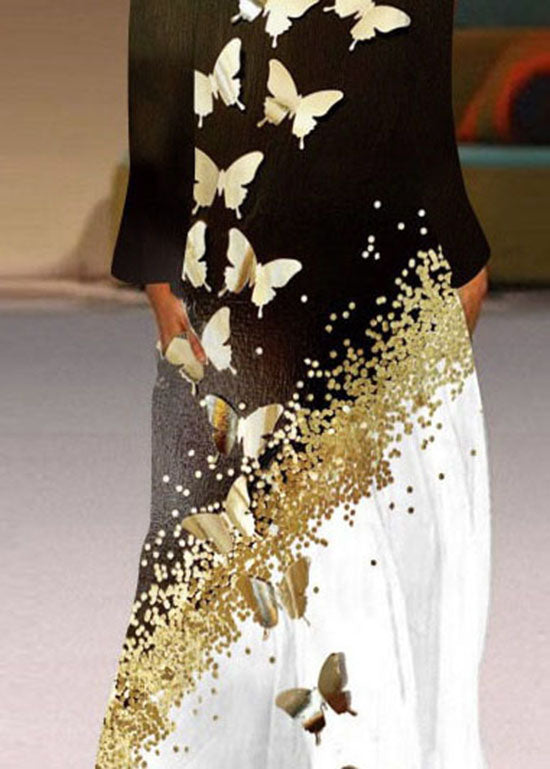 Unique Butterfly Print Pockets Chiffon Maxi Dresses Long Sleeve Ly1923