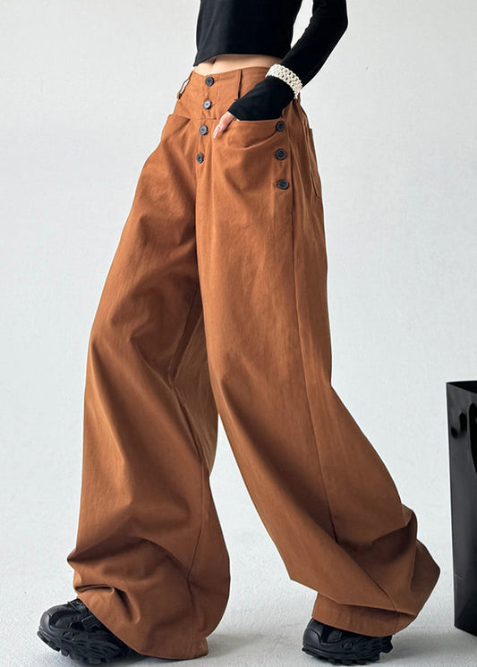 Unique Caramel High Waist Patchwork Button Wide Leg Pants Spring Ta061