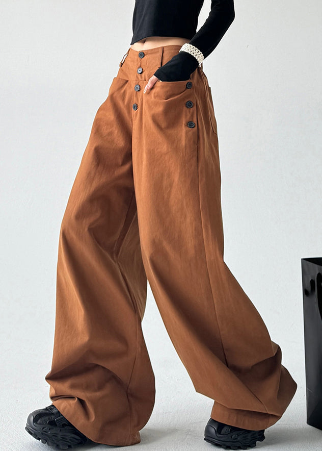 Unique Caramel High Waist Patchwork Button Wide Leg Pants Spring Ta061