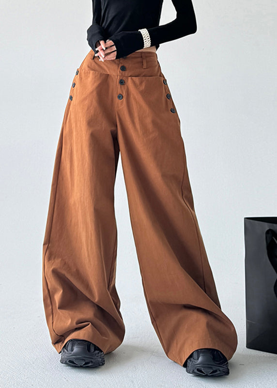Unique Caramel High Waist Patchwork Button Wide Leg Pants Spring Ta061