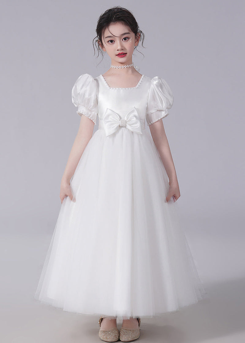 Unique Champagne Bow Nail Bead Tulle Long Dresses Short Sleeve Xz025