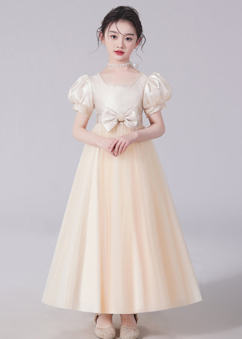 Unique Champagne Bow Nail Bead Tulle Long Dresses Short Sleeve Xz025