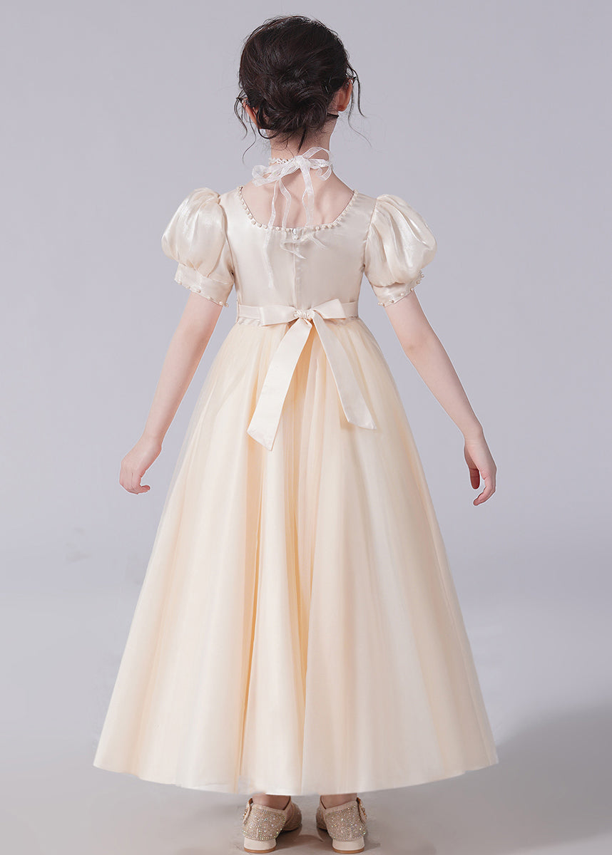 Unique Champagne Bow Nail Bead Tulle Long Dresses Short Sleeve Xz025