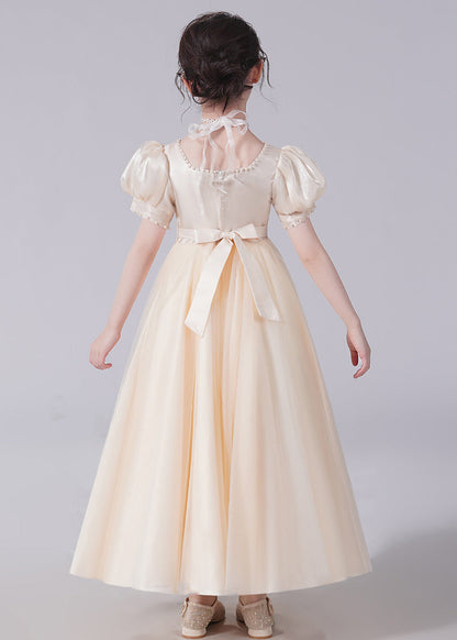 Unique Champagne Bow Nail Bead Tulle Long Dresses Short Sleeve Xz025