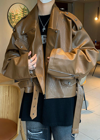 Unique Coffee Nail Bead Original Design Faux Leather Coat Spring Rn026