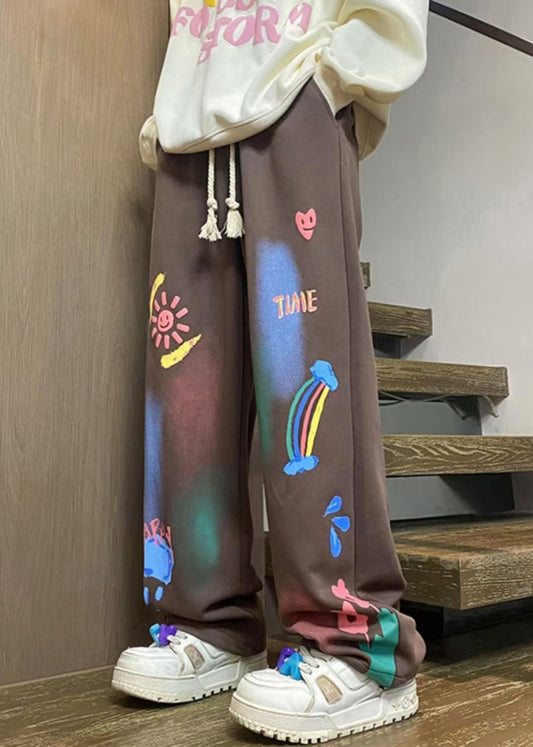 Unique Coffee Print Elastic Waist Cotton Pants Fall Wa062