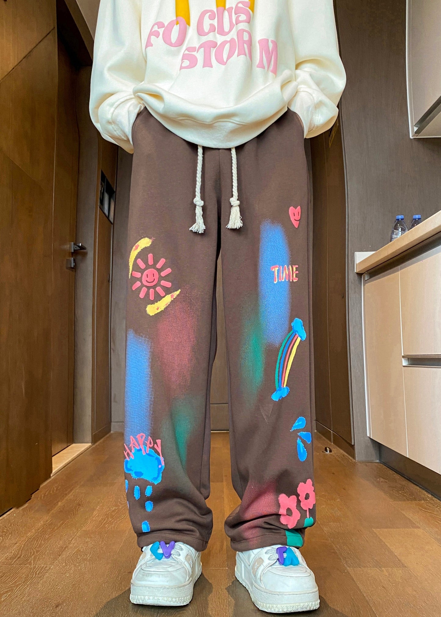 Unique Coffee Print Elastic Waist Cotton Pants Fall Wa062