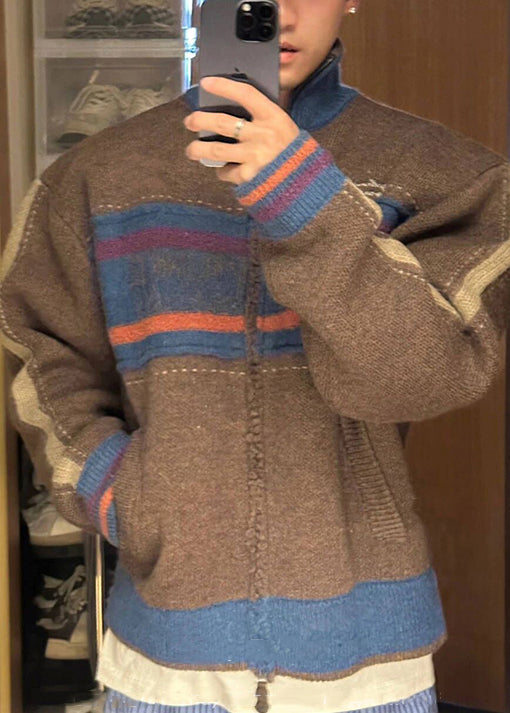 Unique Coffee Zip Up Striped Patchwork Knit Cardigan Spring Tk003