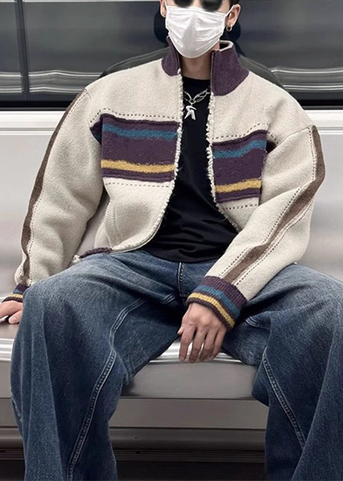 Unique Coffee Zip Up Striped Patchwork Knit Cardigan Spring Tk003
