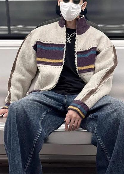 Unique Coffee Zip Up Striped Patchwork Knit Cardigan Spring Tk003