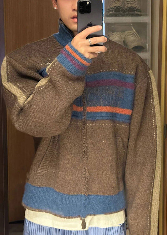 Unique Coffee Zip Up Striped Patchwork Knit Cardigan Spring Tk003