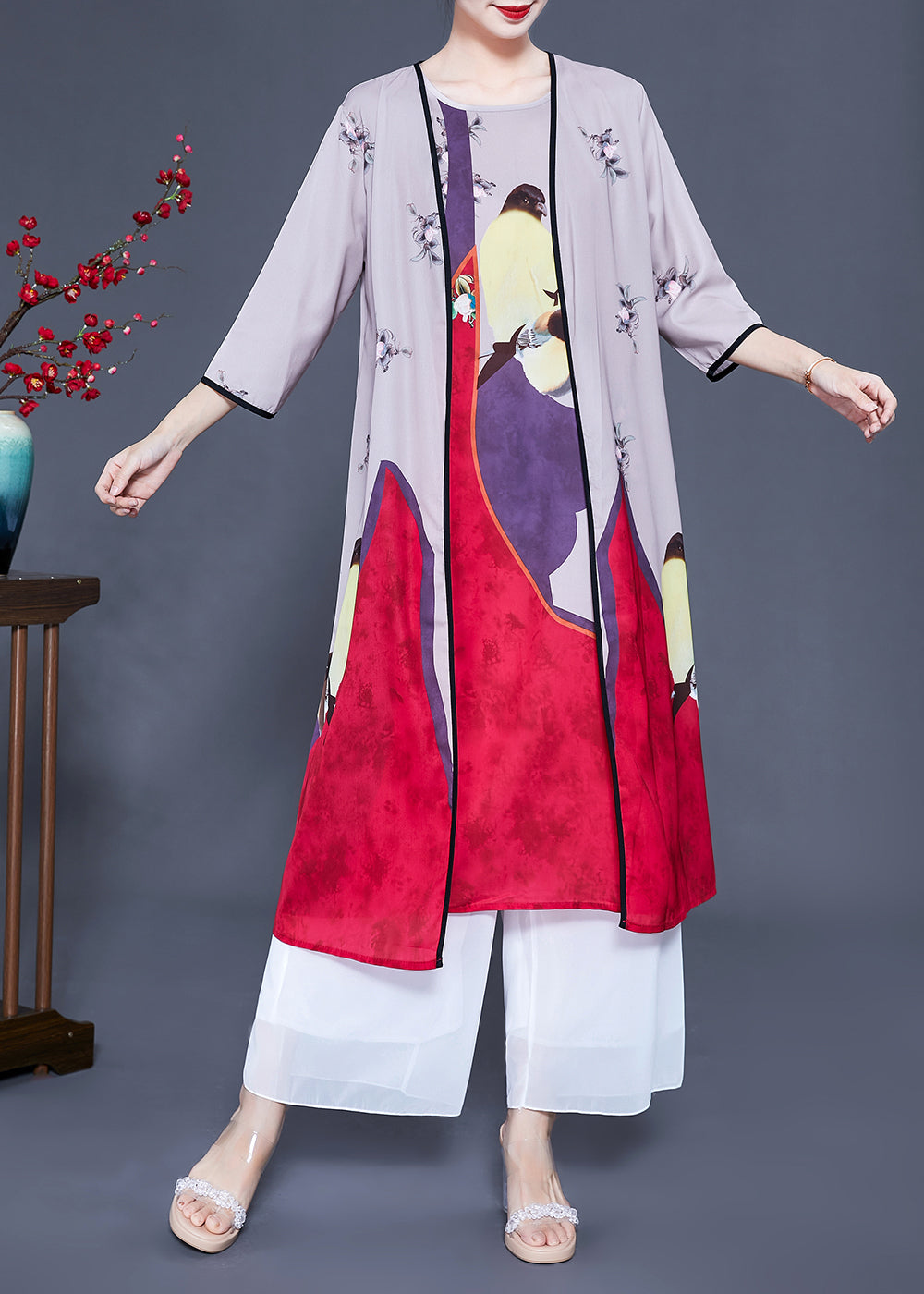 Unique Colorblock Oversized Print Silk Cardigans Two Pieces Set Spring Ly0939