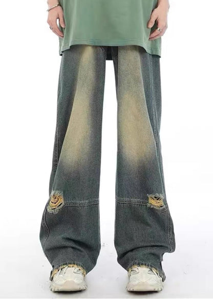 Unique Denim Blue Pockets Patchwork Hole Pants Sa022