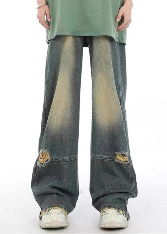 Unique Denim Blue Pockets Patchwork Hole Pants Sa022