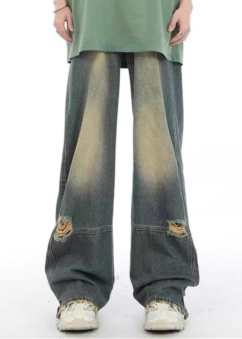 Unique Denim Blue Pockets Patchwork Hole Pants Sa022