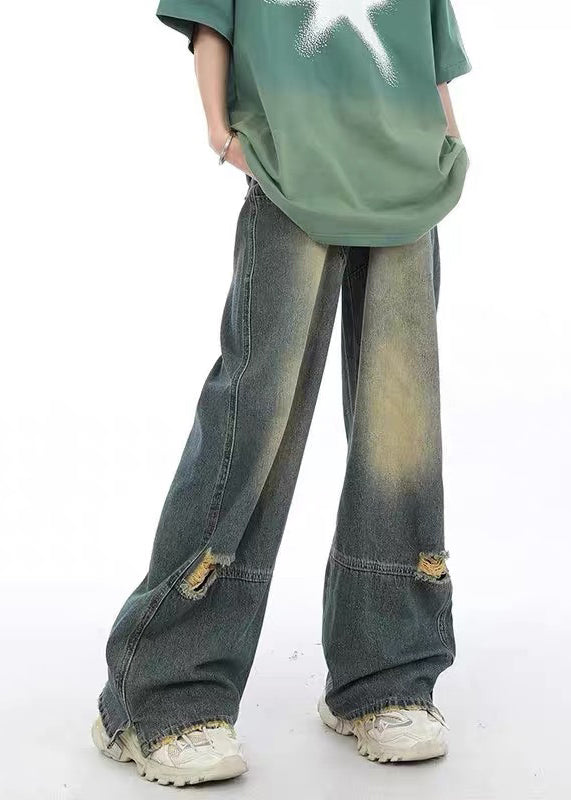 Unique Denim Blue Pockets Patchwork Hole Pants Sa022