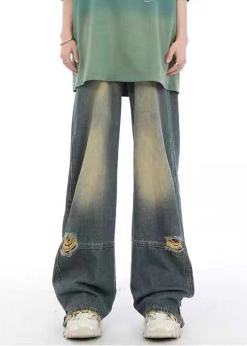 Unique Denim Blue Pockets Patchwork Hole Pants Sa022