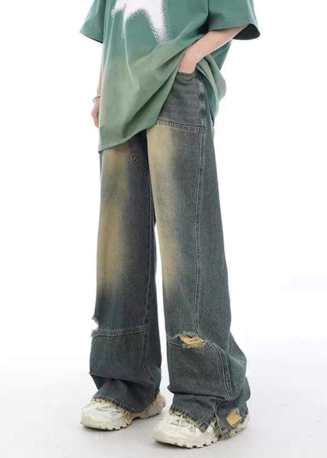 Unique Denim Blue Pockets Patchwork Hole Pants Sa022