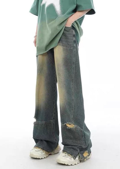 Unique Denim Blue Pockets Patchwork Hole Pants Sa022