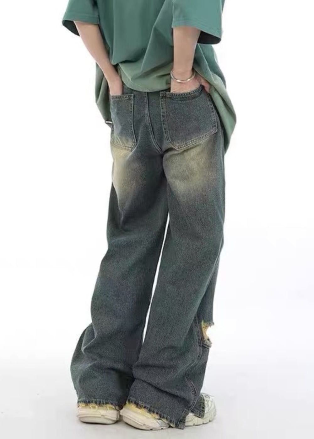 Unique Denim Blue Pockets Patchwork Hole Pants Sa022