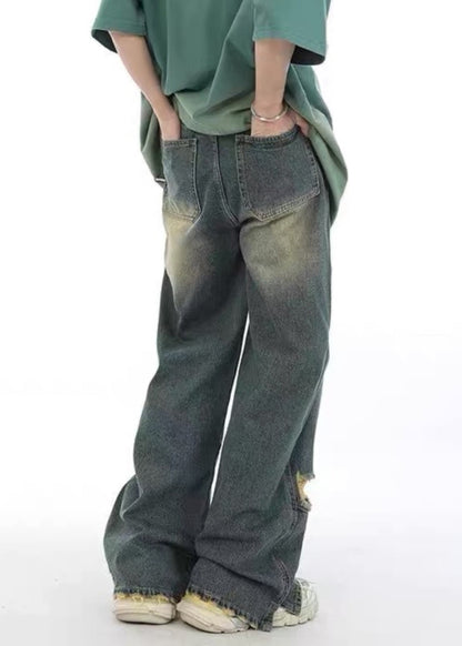 Unique Denim Blue Pockets Patchwork Hole Pants Sa022