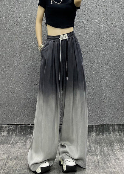 Unique Gradient Grey Pockets Drawstring Cotton Wide Leg Pants Fall Ri009