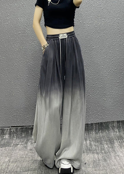Unique Gradient Grey Pockets Drawstring Cotton Wide Leg Pants Fall Ri009