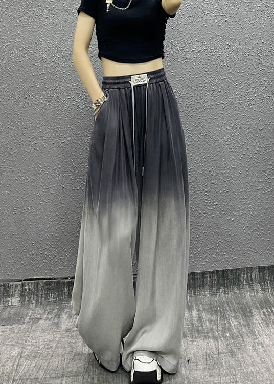 Unique Gradient Grey Pockets Drawstring Cotton Wide Leg Pants Fall Ri009