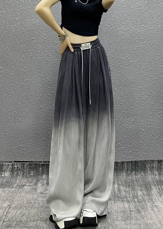 Unique Gradient Grey Pockets Drawstring Cotton Wide Leg Pants Fall Ri009