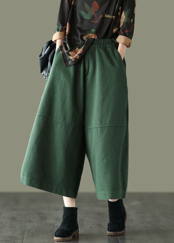 Unique Green Elastic Waist Patchwork Cotton Wide Leg Pants Spring Tg1047