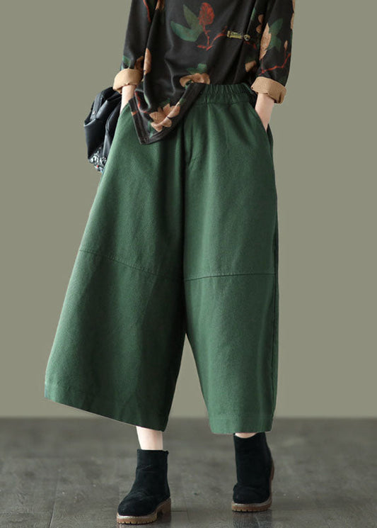 Unique Green Elastic Waist Patchwork Cotton Wide Leg Pants Spring Tg1047