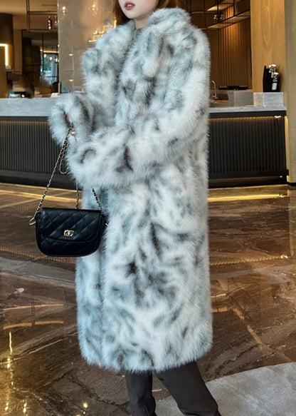 Unique Green Notched Pockets Print Maxi Coat Winter Wz022