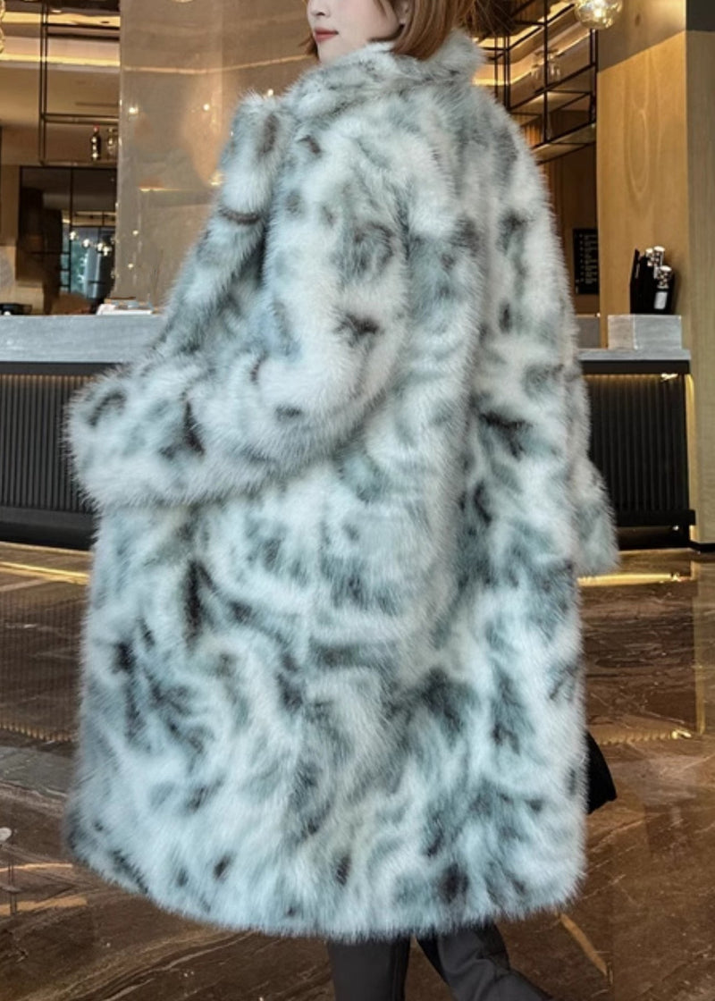 Unique Green Notched Pockets Print Maxi Coat Winter Wz022