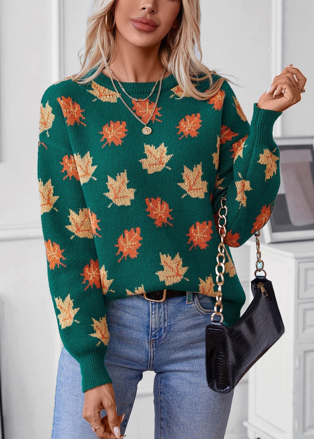 Unique Green O Neck Jacquard Thick Knit Sweaters Fall Qy037