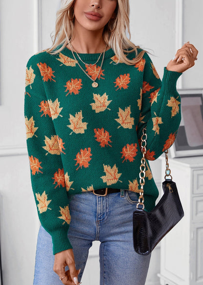 Unique Green O Neck Jacquard Thick Knit Sweaters Fall Qy037