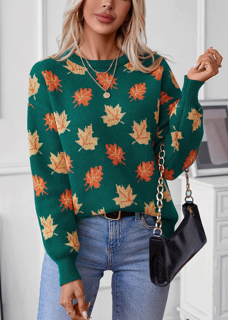 Unique Green O Neck Jacquard Thick Knit Sweaters Fall Qy037