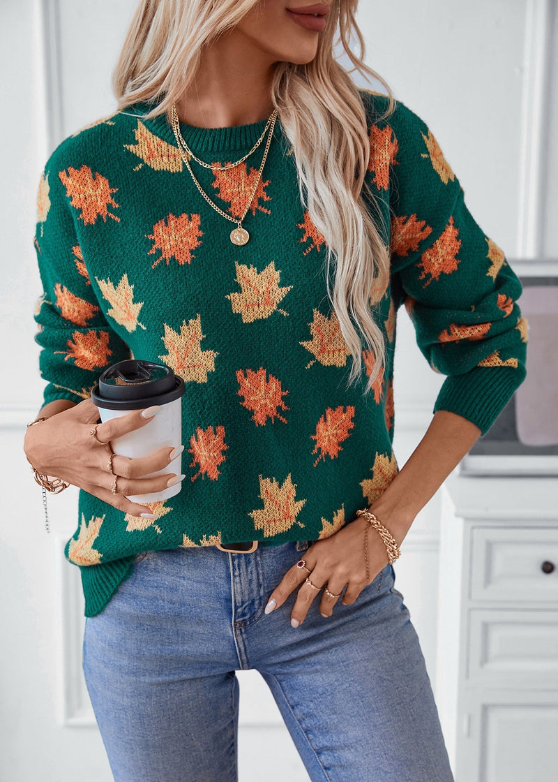 Unique Green O Neck Jacquard Thick Knit Sweaters Fall Qy037