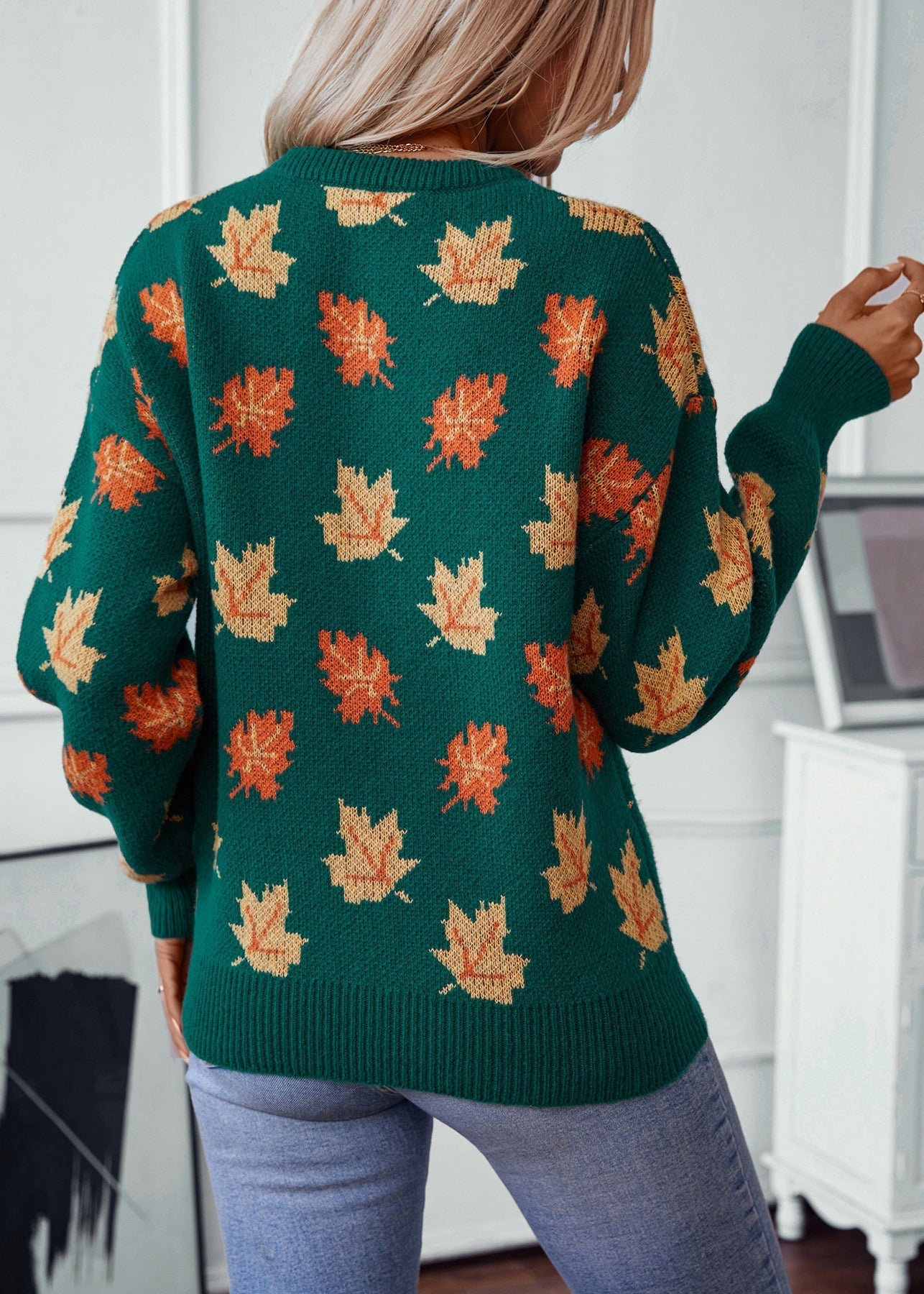 Unique Green O Neck Jacquard Thick Knit Sweaters Fall Qy037