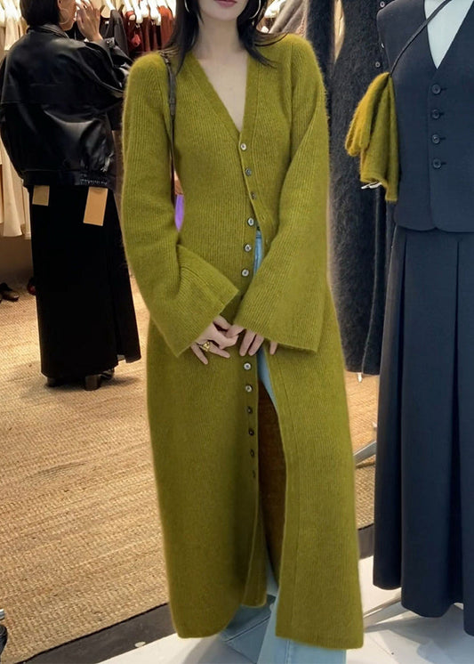 Unique Green V Neck Button Knit Long Cardigan Fall Rs034