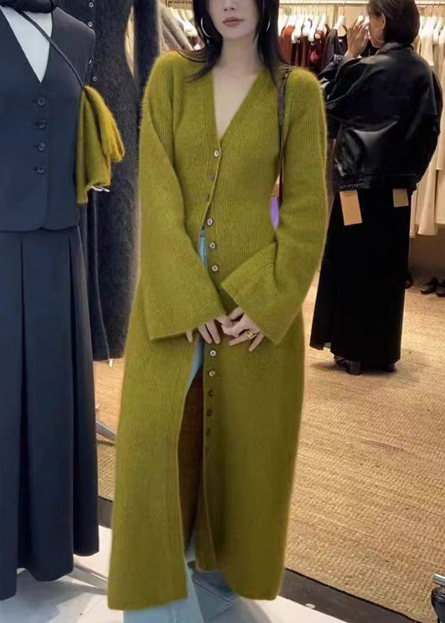 Unique Green V Neck Button Knit Long Cardigan Fall Rs034
